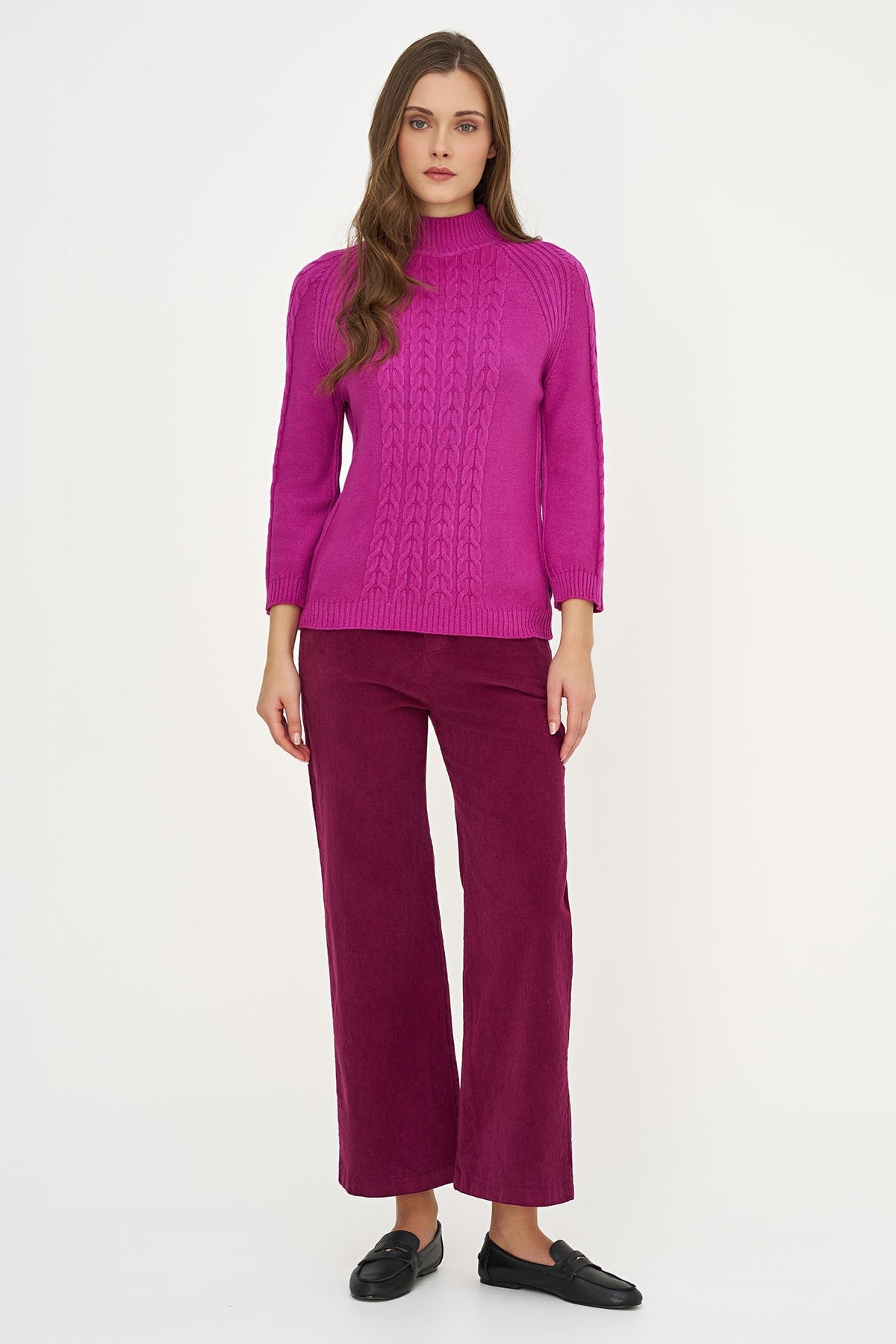 Women's Cable-Knit Mock-Neck Sweater with Long Raglan Sleeves
