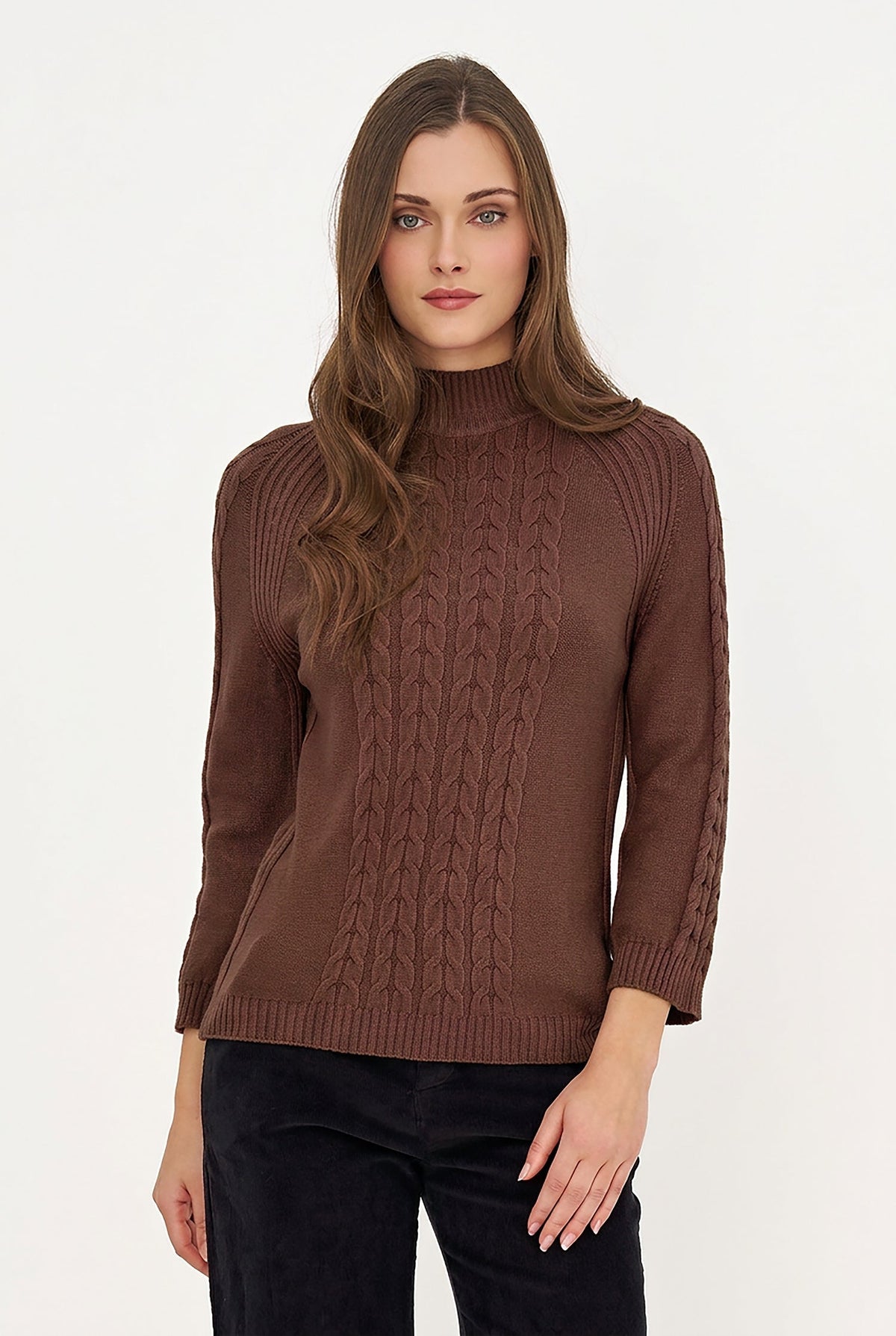 Women's Cable-Knit Mock-Neck Sweater with Long Raglan Sleeves