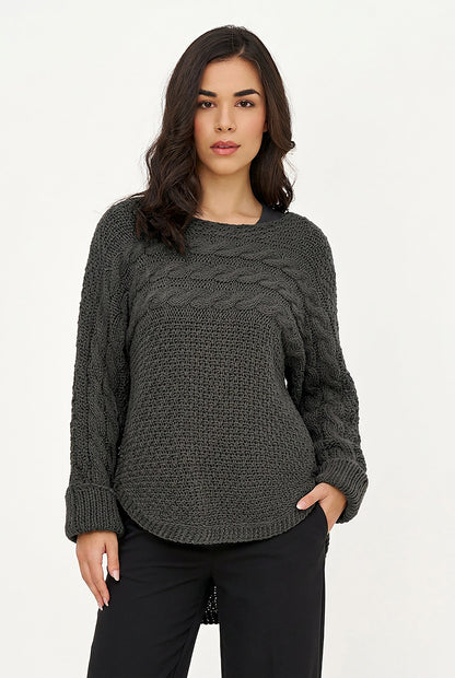 Women's Cable-Knit Scoop-Neck Sweater, Cuffed Sleeves & High-Low Hem