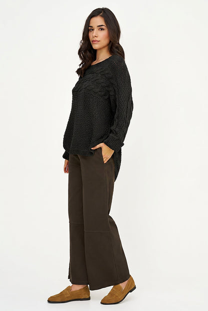 Women's Cable-Knit Scoop-Neck Sweater, Cuffed Sleeves & High-Low Hem