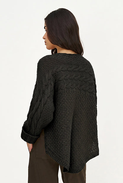 Women's Cable-Knit Scoop-Neck Sweater, Cuffed Sleeves & High-Low Hem
