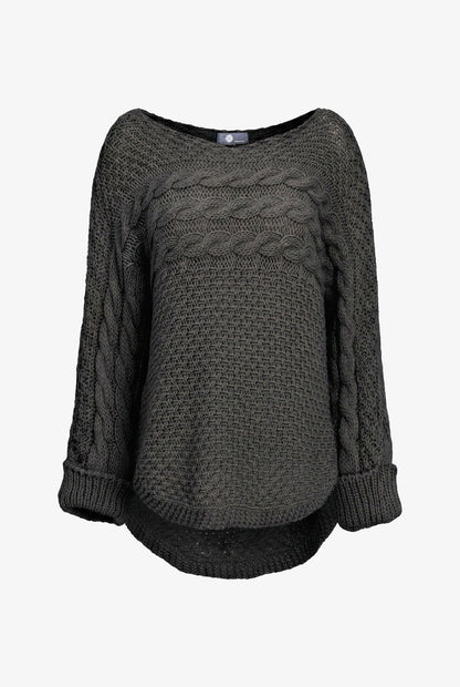 Women's Cable-Knit Scoop-Neck Sweater, Cuffed Sleeves & High-Low Hem