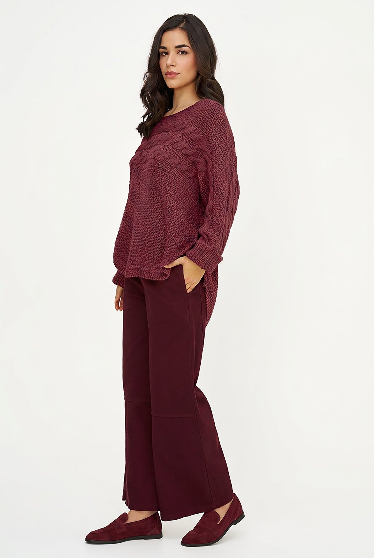 Women's Cable-Knit Scoop-Neck Sweater, Cuffed Sleeves & High-Low Hem