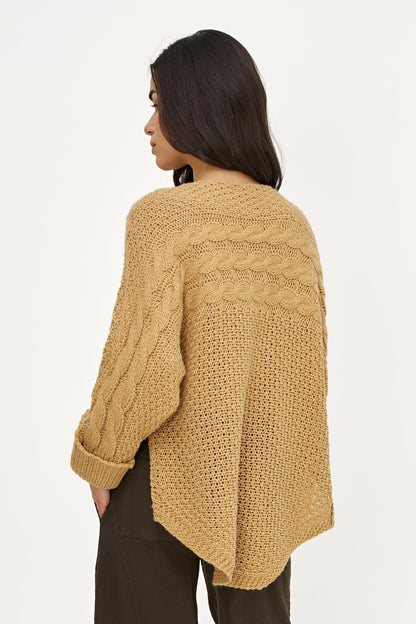 Women's Cable-Knit Scoop-Neck Sweater, Cuffed Sleeves & High-Low Hem