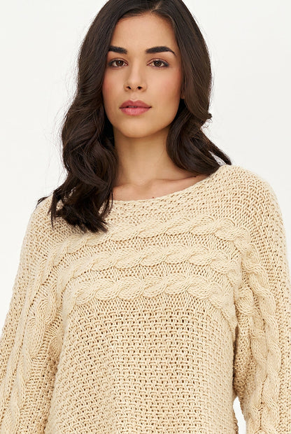 Women's Cable-Knit Scoop-Neck Sweater, Cuffed Sleeves & High-Low Hem