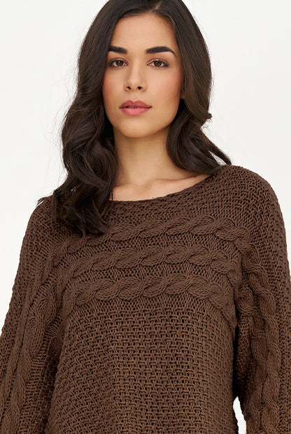 Women's Cable-Knit Scoop-Neck Sweater, Cuffed Sleeves & High-Low Hem
