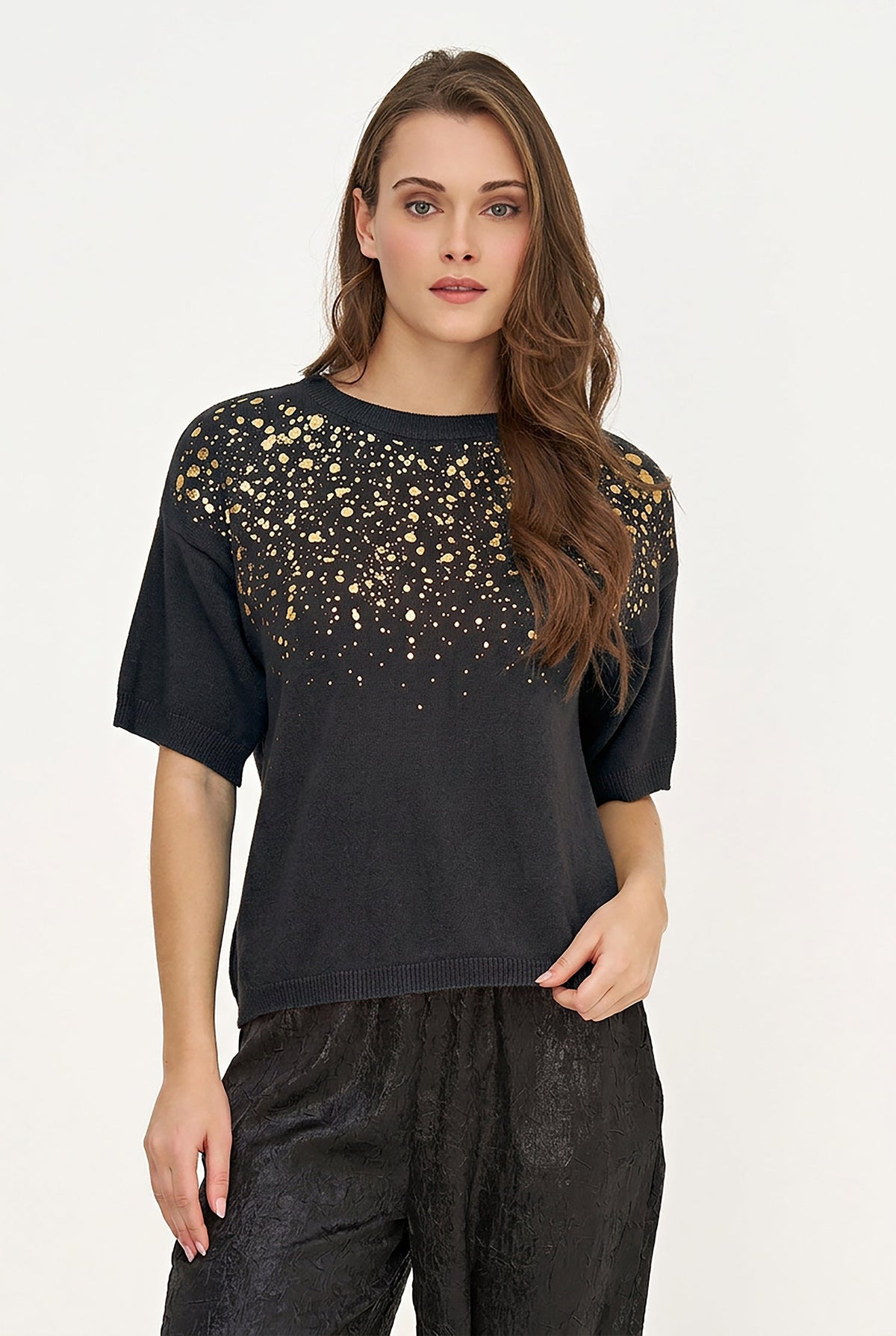 Women's Foil Polka-Dot Wide Crew-Neck Sweater, Elbow-Length Sleeves