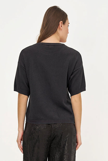 Women's Foil Polka-Dot Wide Crew-Neck Sweater, Elbow-Length Sleeves