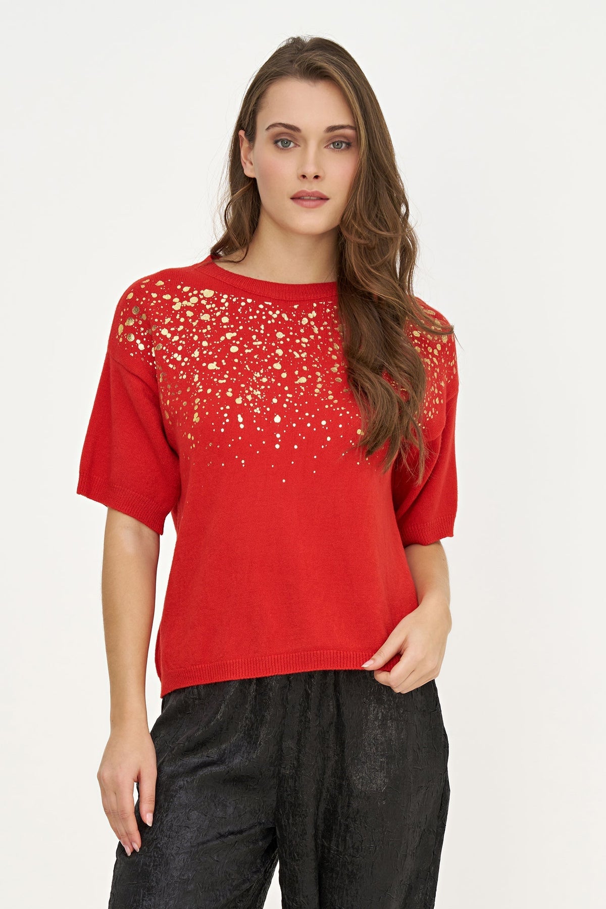 Women's Foil Polka-Dot Wide Crew-Neck Sweater, Elbow-Length Sleeves