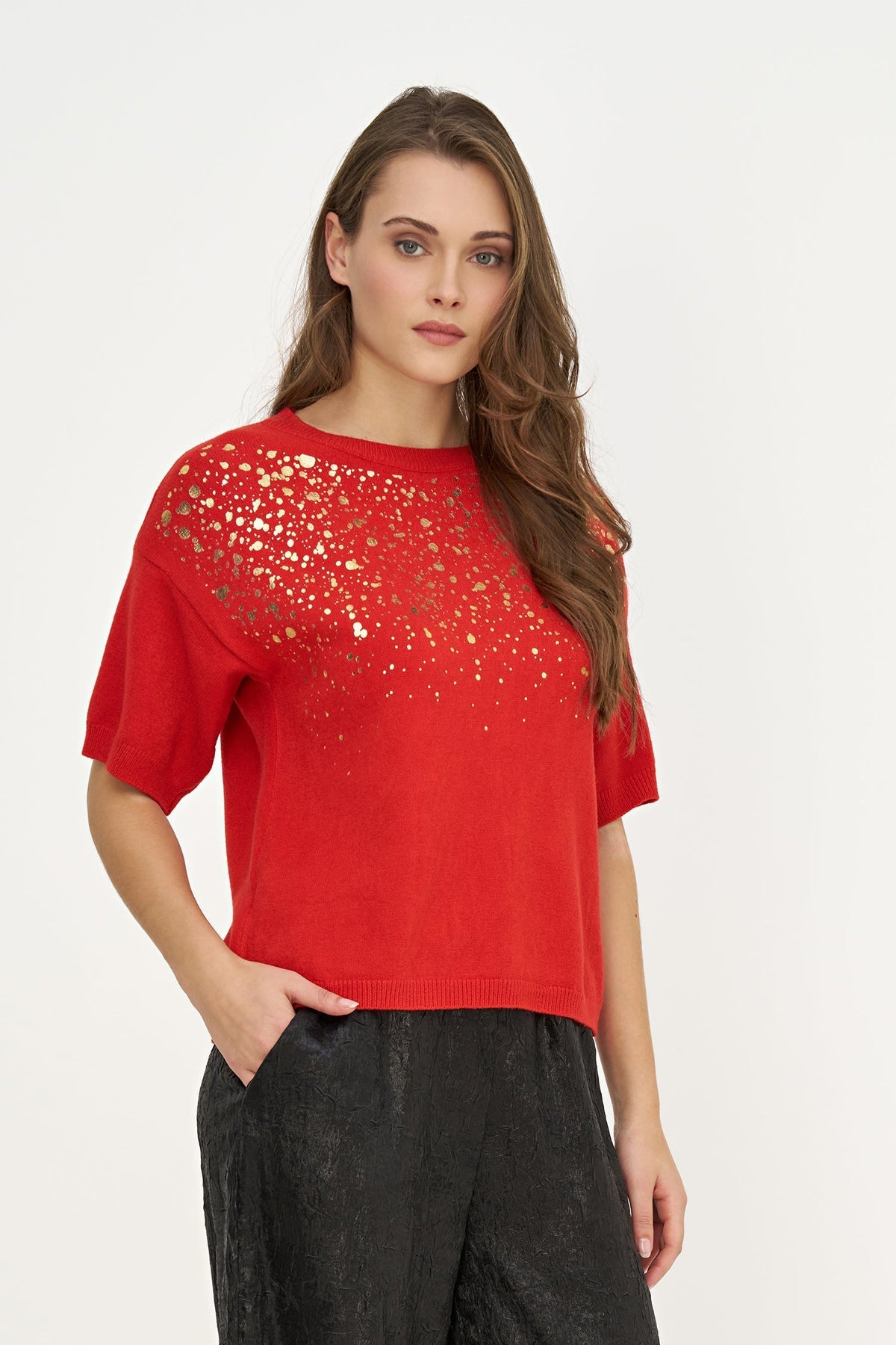Women's Foil Polka-Dot Wide Crew-Neck Sweater, Elbow-Length Sleeves
