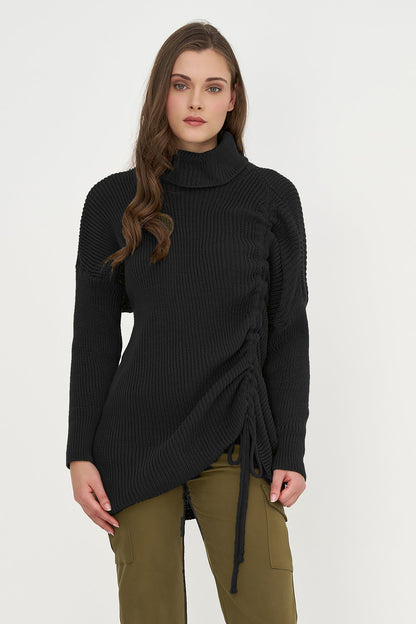 Women's Rib-Knit Turtleneck Tunic Sweater with Asymmetric Tie Front