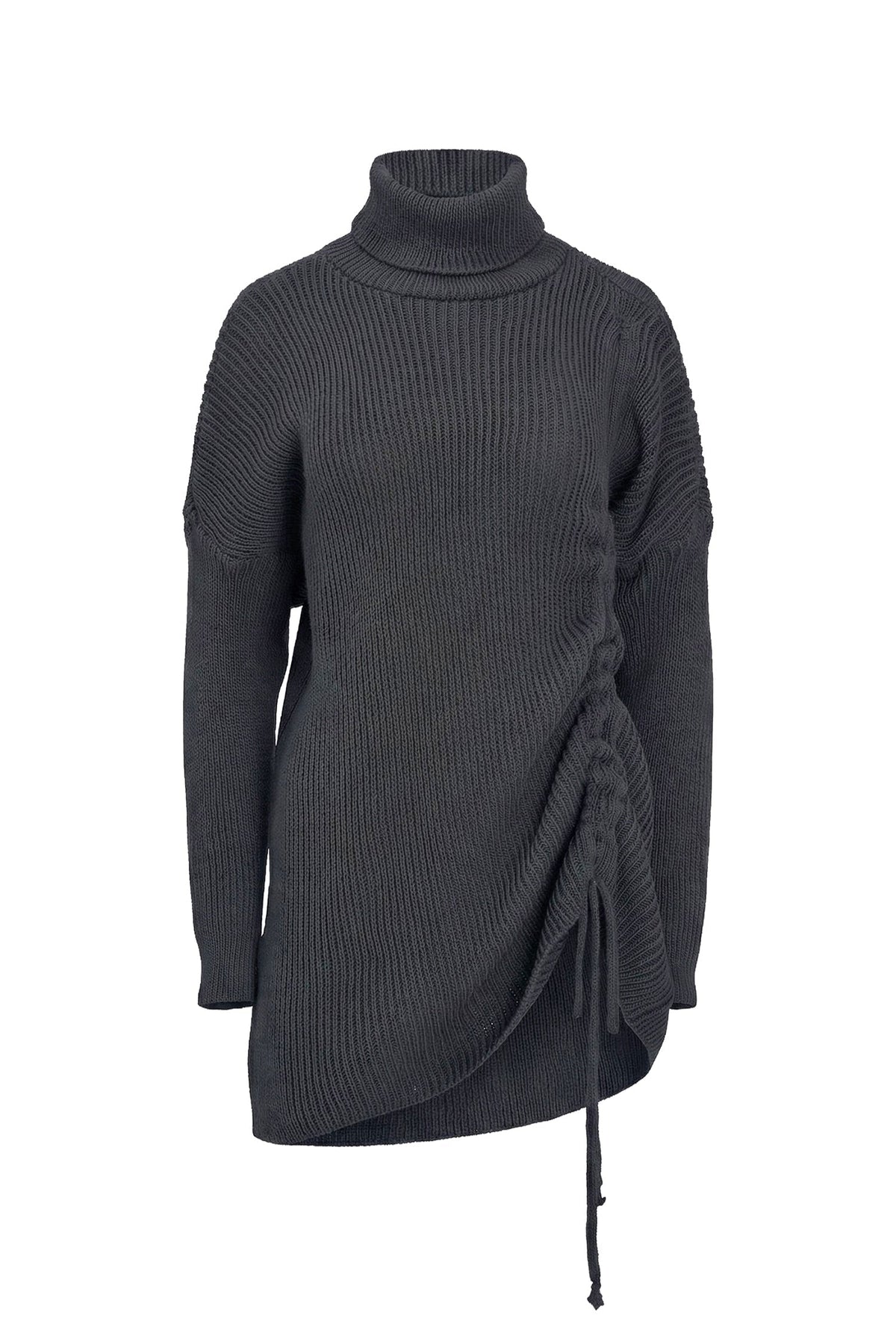 Women's Rib-Knit Turtleneck Tunic Sweater with Asymmetric Tie Front