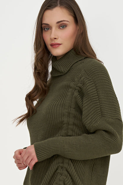 Women's Rib-Knit Turtleneck Tunic Sweater with Asymmetric Tie Front