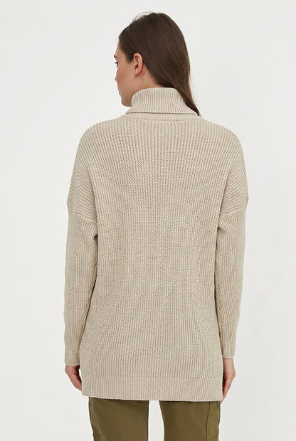 Women's Rib-Knit Turtleneck Tunic Sweater with Asymmetric Tie Front
