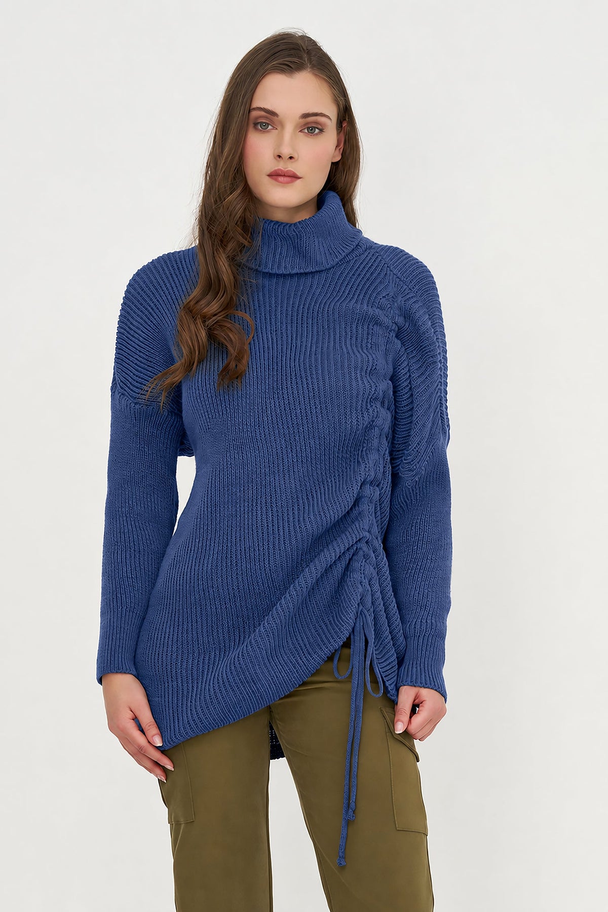 Women's Rib-Knit Turtleneck Tunic Sweater with Asymmetric Tie Front