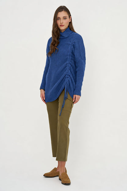 Women's Rib-Knit Turtleneck Tunic Sweater with Asymmetric Tie Front
