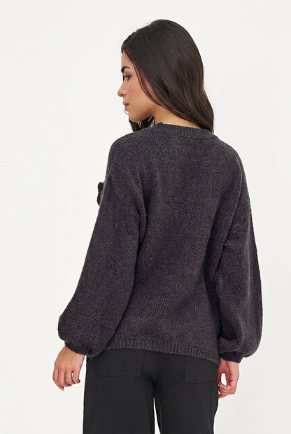 Women's Knit V-Neck Sweater, Long Sleeves & Flower Details