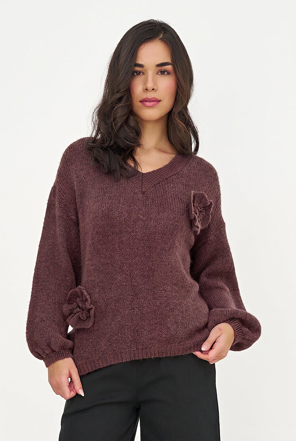 Women's Knit V-Neck Sweater, Long Sleeves & Flower Details