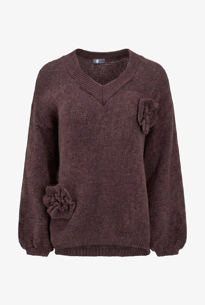 Women's Knit V-Neck Sweater, Long Sleeves & Flower Details