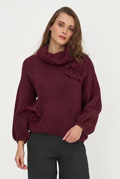 Women's Cowl Turtleneck Sweater, Long Sleeves & Flower Details