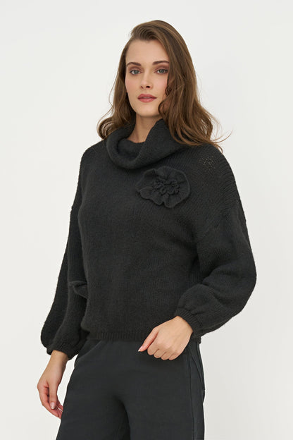 Women's Cowl Turtleneck Sweater, Long Sleeves & Flower Details