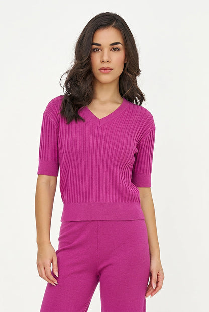 Women's Rib-Knit V-Neck Sweater with Elbow-Length Sleeves