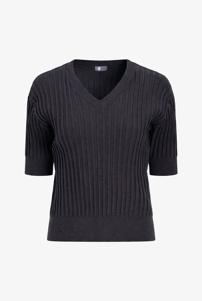 Women's Rib-Knit V-Neck Sweater with Elbow-Length Sleeves