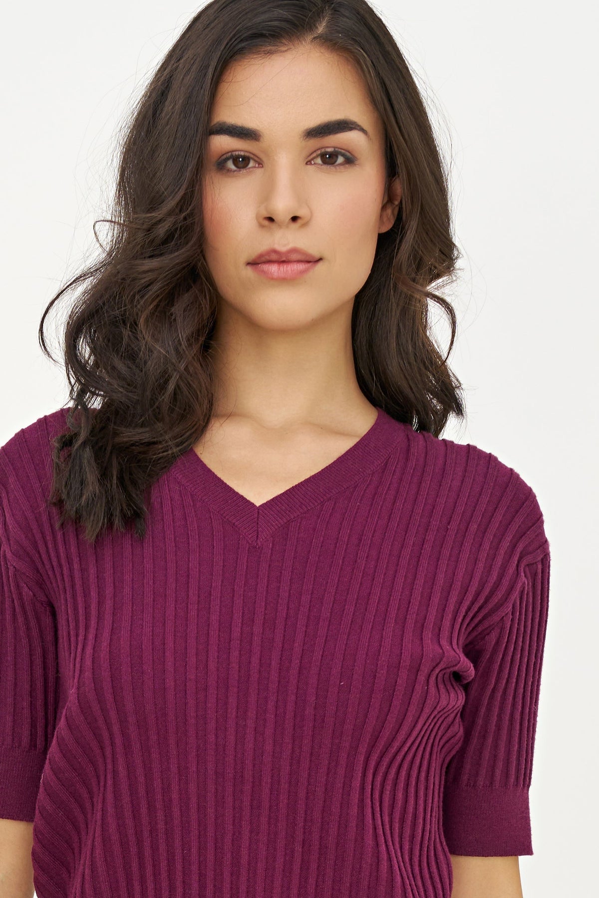 Women's Rib-Knit V-Neck Sweater with Elbow-Length Sleeves