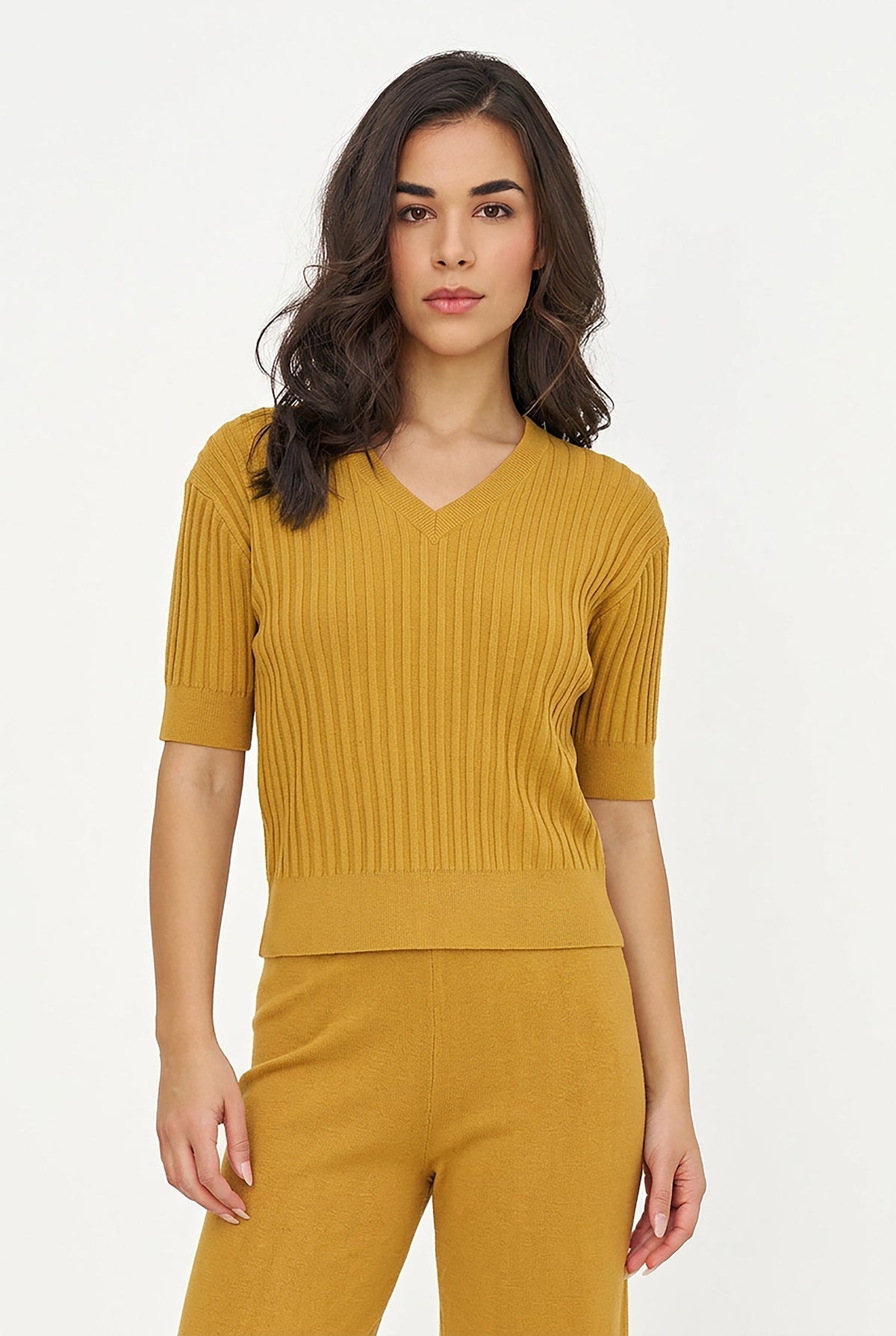 Women's Rib-Knit V-Neck Sweater with Elbow-Length Sleeves