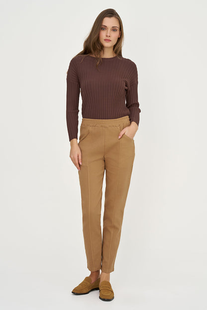 Women's Rib-Knit Crew-Neck Sweater with Long Sleeves