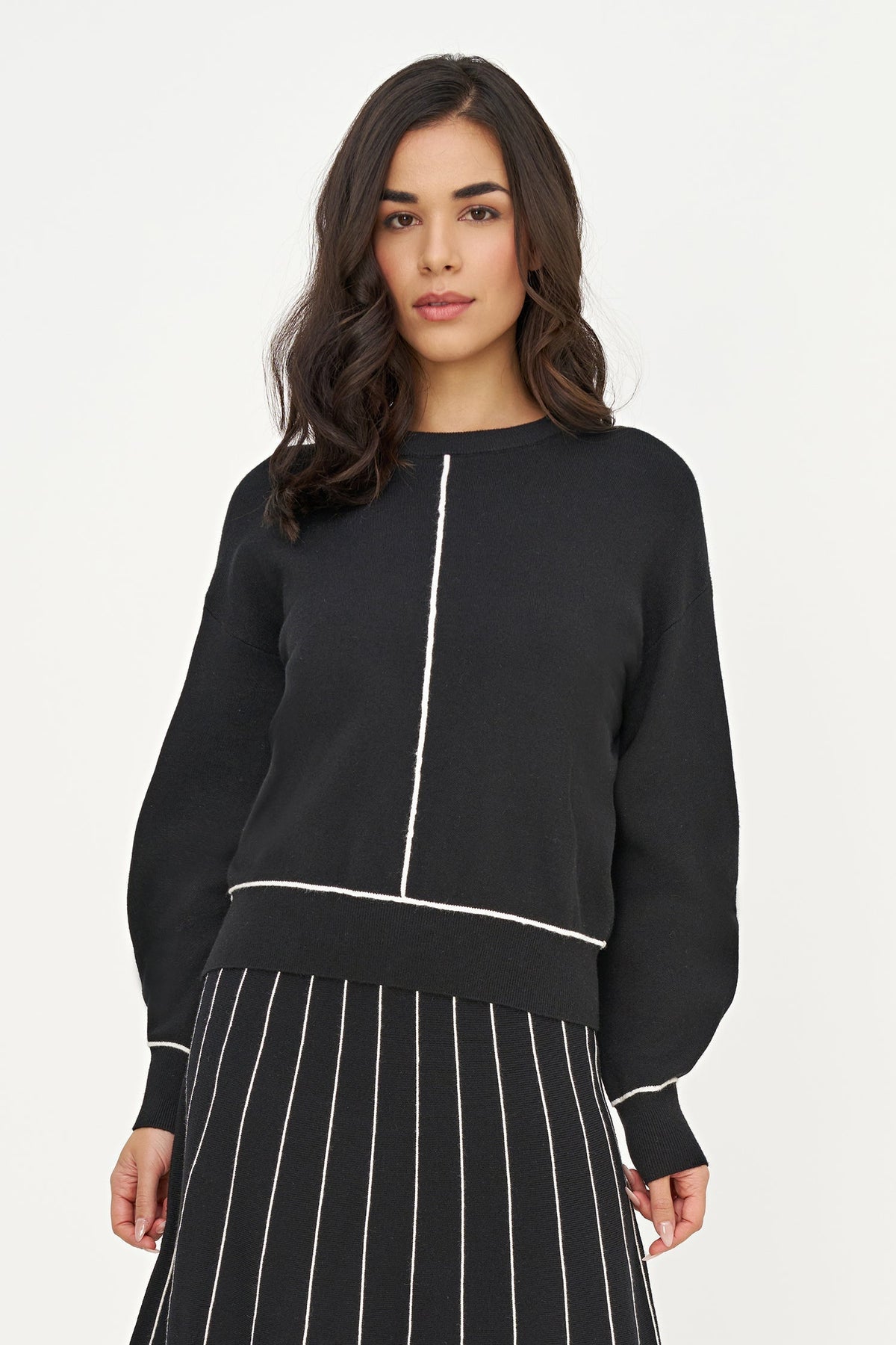 Women's Color-Block Crew-Neck Sweater, Long Sleeves & Piping