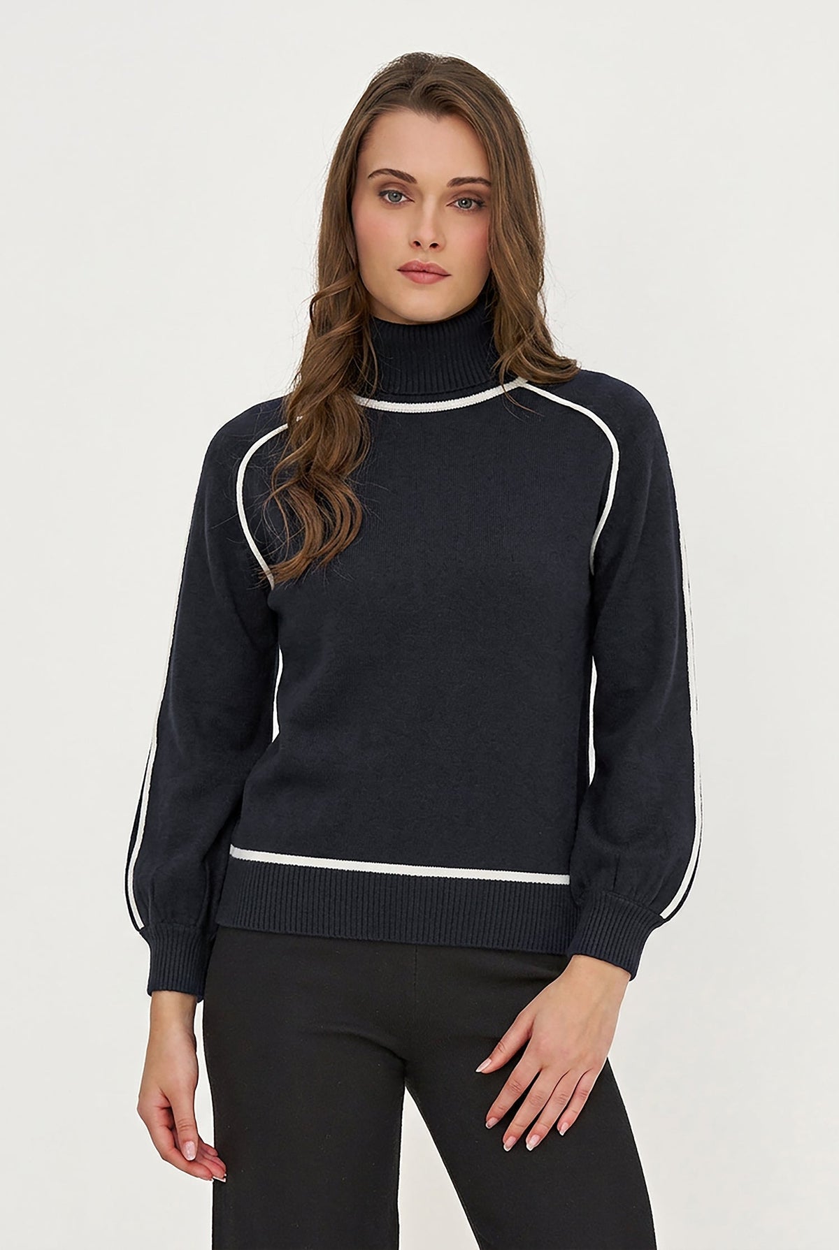 Women's Color-Block Turtleneck Sweater, Long Sleeves & Piping