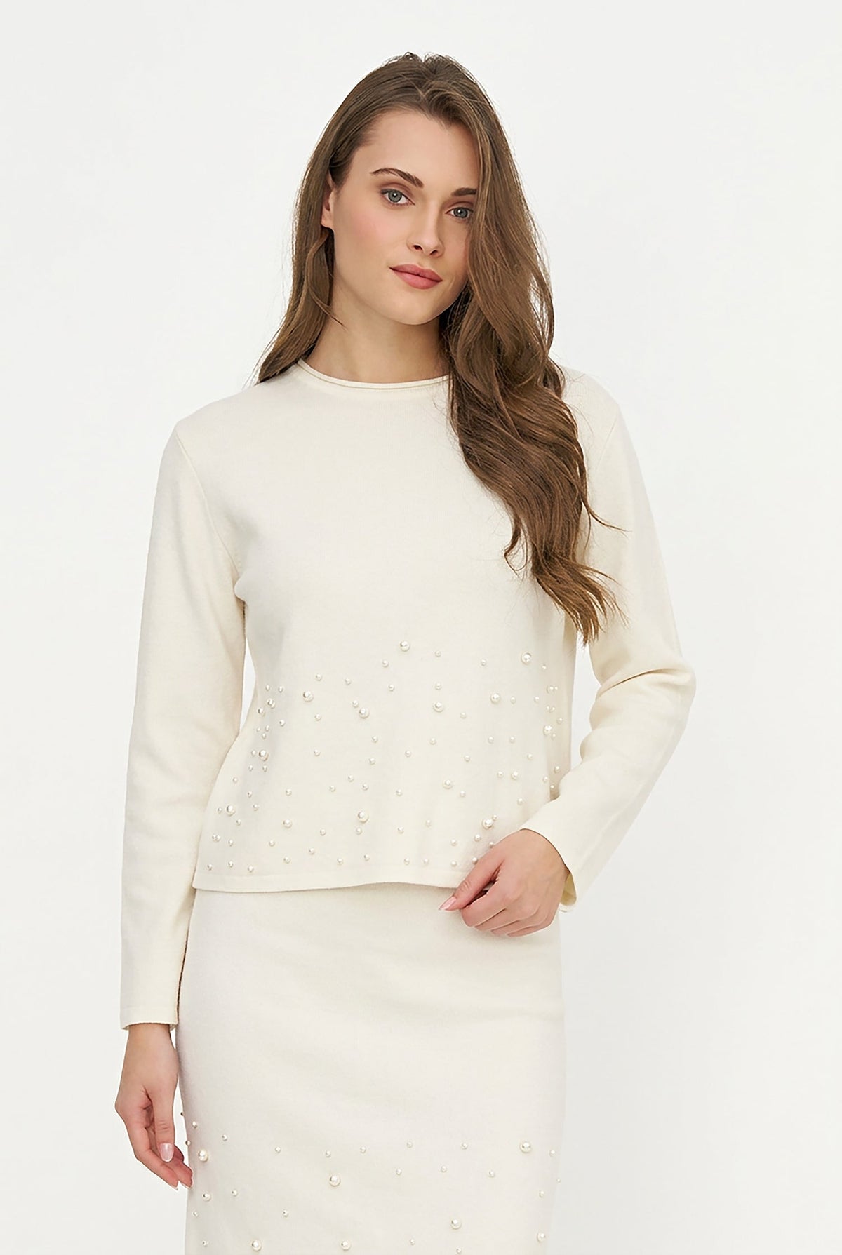 Women's Knit Crew-Neck Sweater, Long Sleeves & Pearl Details