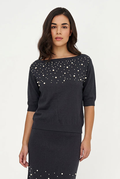 Women's Boat-Neck Sweater, Elbow-Length Sleeves & Pearl Details