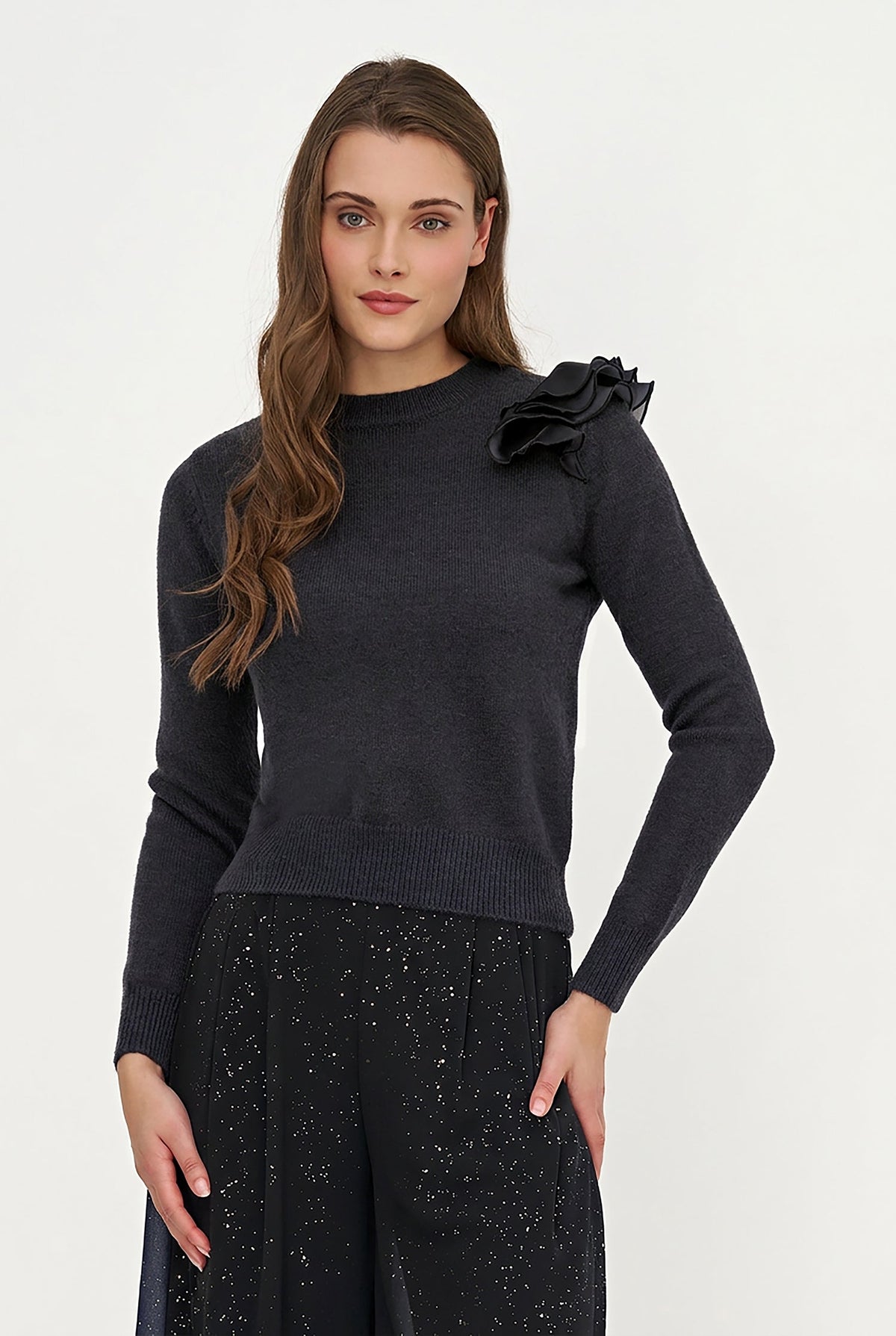 Women's Knit Crew-Neck Sweater, Long Sleeves & Organza Shoulder Ruffle