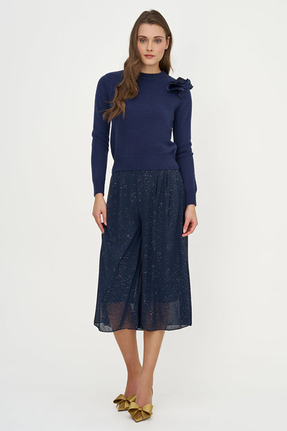 Women's Knit Crew-Neck Sweater, Long Sleeves & Organza Shoulder Ruffle