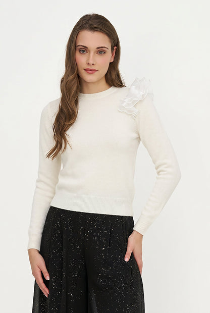 Women's Knit Crew-Neck Sweater, Long Sleeves & Organza Shoulder Ruffle