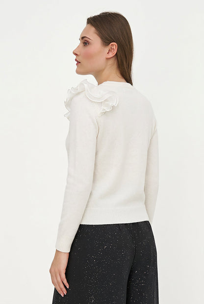 Women's Knit Crew-Neck Sweater, Long Sleeves & Organza Shoulder Ruffle