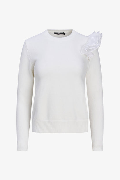 Women's Knit Crew-Neck Sweater, Long Sleeves & Organza Shoulder Ruffle