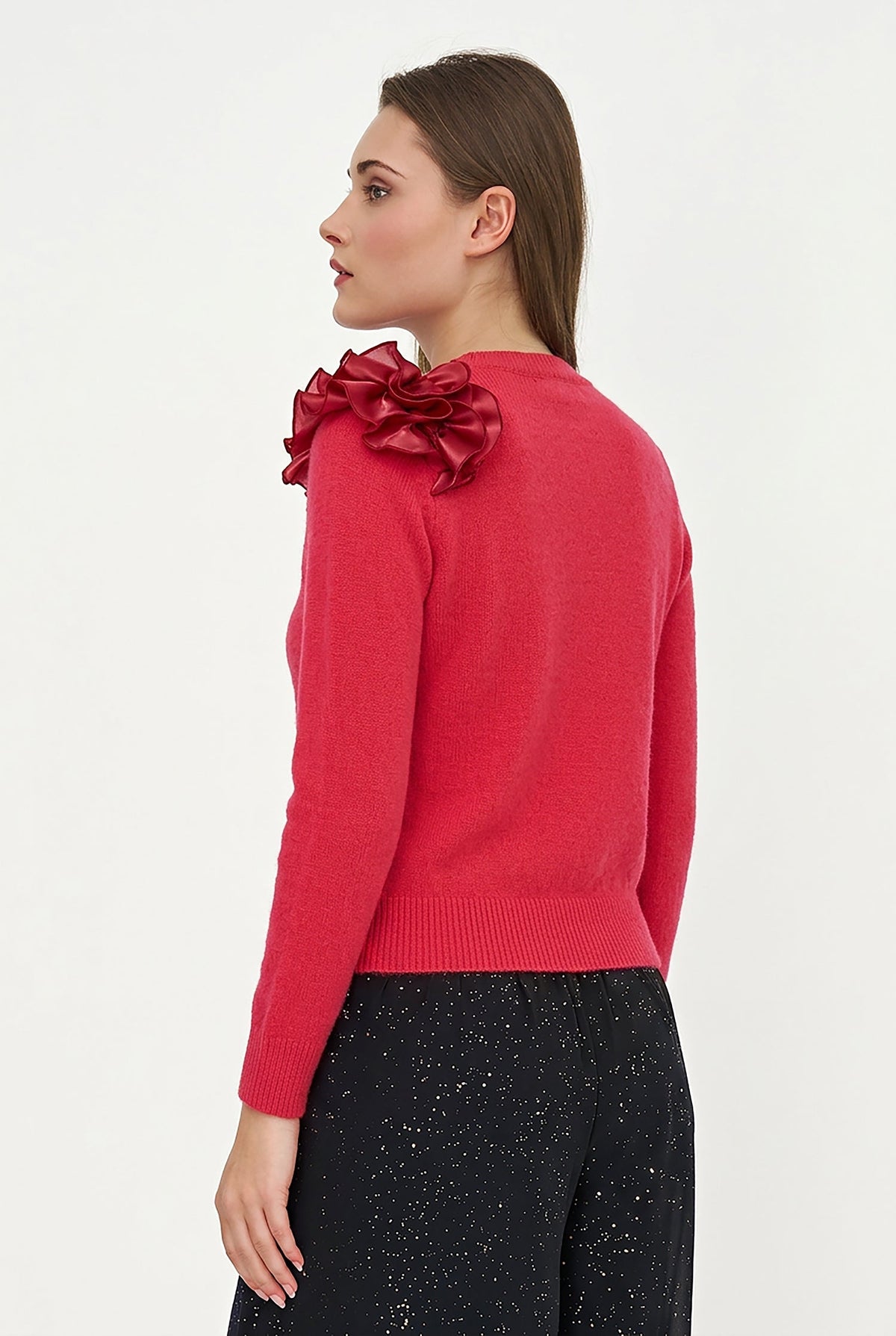 Women's Knit Crew-Neck Sweater, Long Sleeves & Organza Shoulder Ruffle