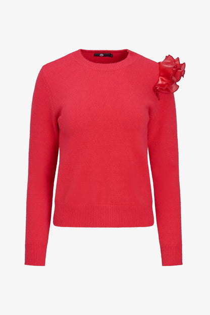 Women's Knit Crew-Neck Sweater, Long Sleeves & Organza Shoulder Ruffle