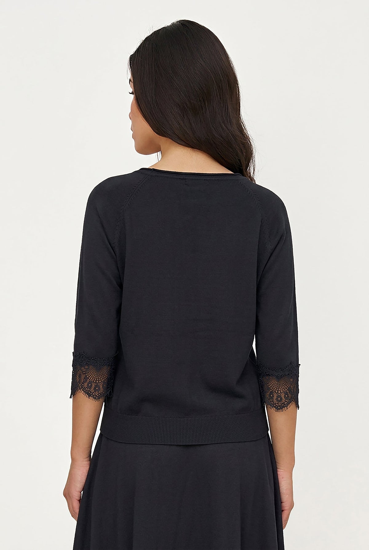 Women's Fine Knit Crew-Neck Sweater, 3/4 Raglan Sleeves & Lace Cuffs