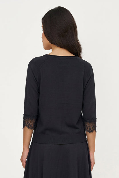 Women's Fine Knit Crew-Neck Sweater, 3/4 Raglan Sleeves & Lace Cuffs