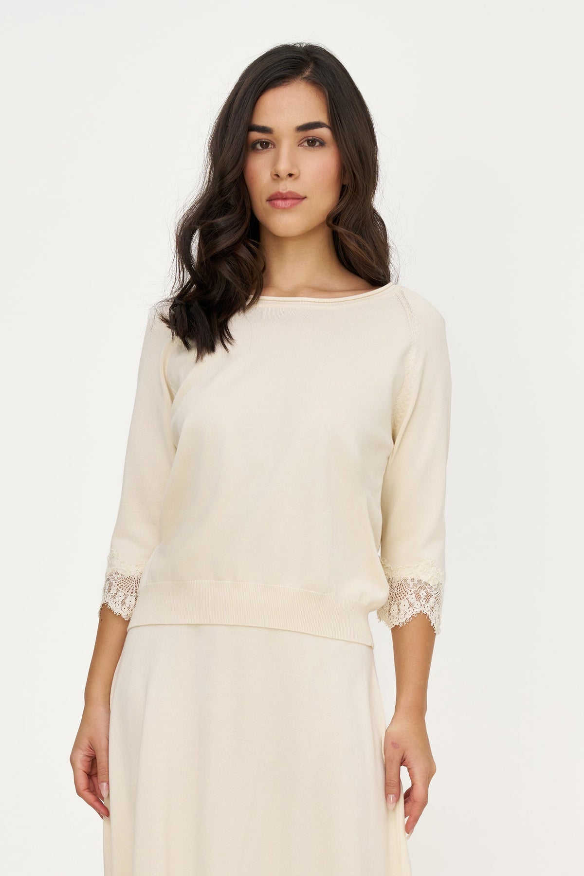 Women's Fine Knit Crew-Neck Sweater, 3/4 Raglan Sleeves & Lace Cuffs