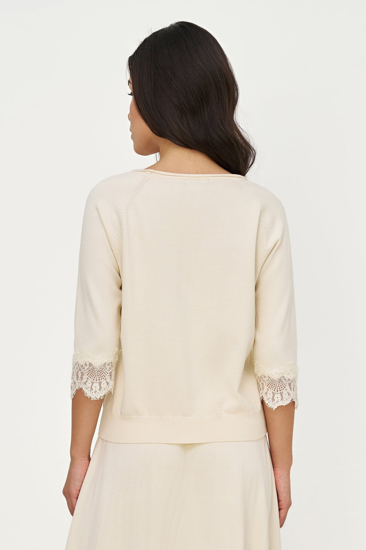 Women's Fine Knit Crew-Neck Sweater, 3/4 Raglan Sleeves & Lace Cuffs