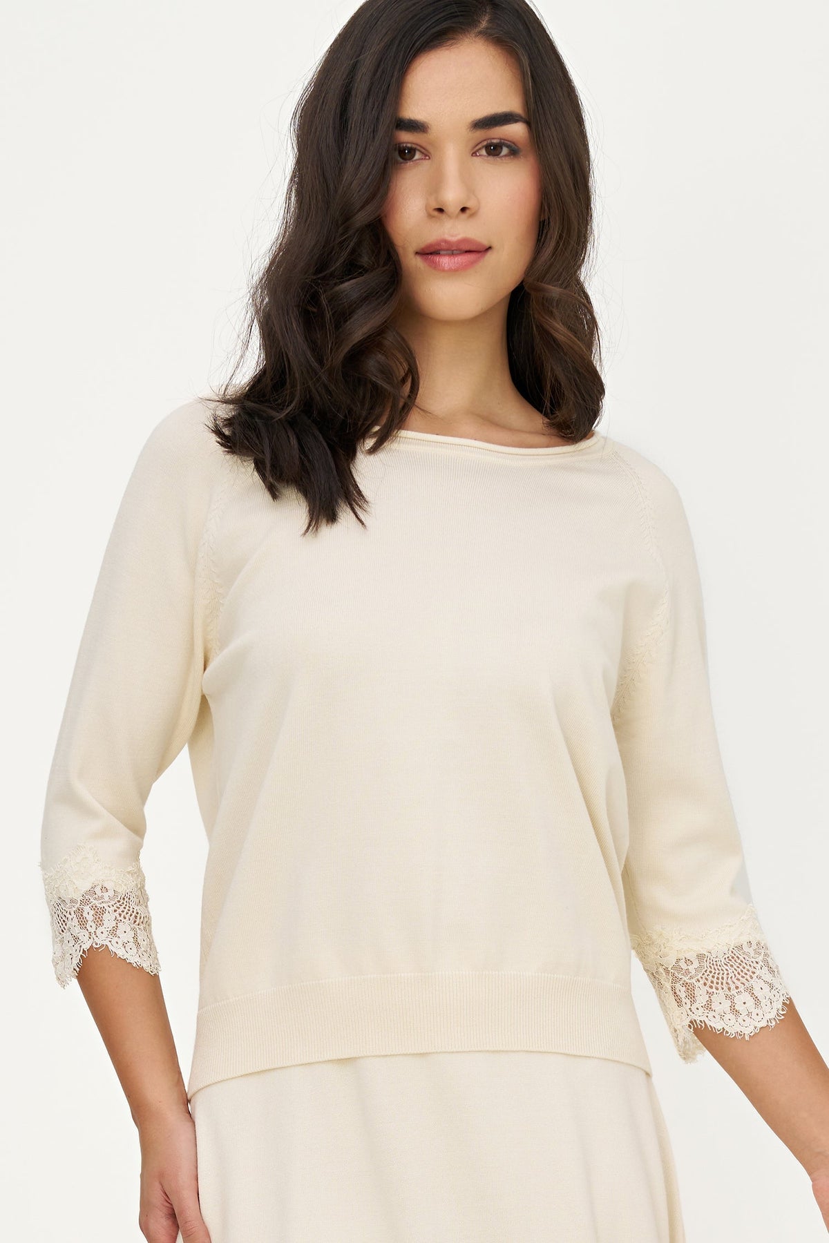 Women's Fine Knit Crew-Neck Sweater, 3/4 Raglan Sleeves & Lace Cuffs