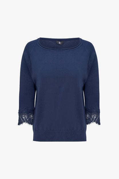 Women's Fine Knit Crew-Neck Sweater, 3/4 Raglan Sleeves & Lace Cuffs