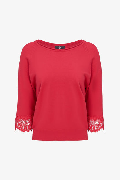 Women's Fine Knit Crew-Neck Sweater, 3/4 Raglan Sleeves & Lace Cuffs