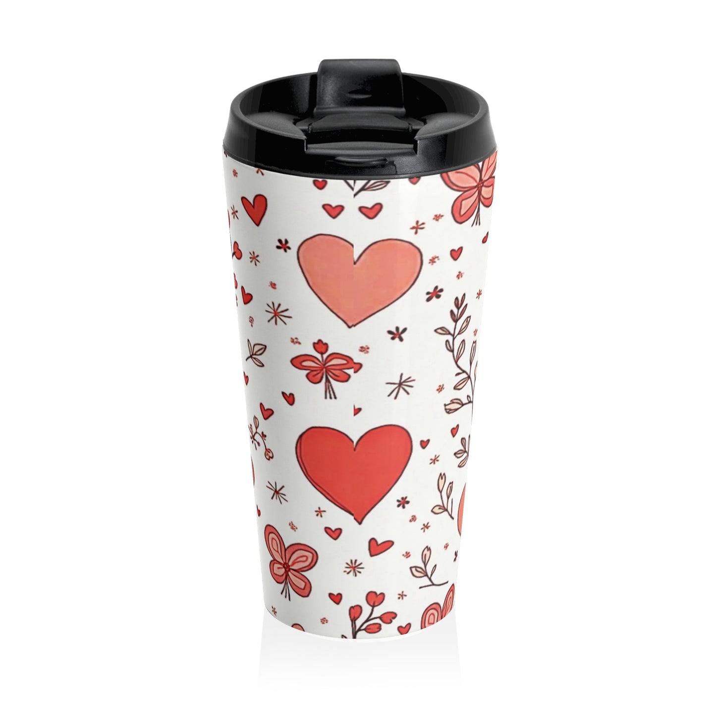 Hand-Drawn Hearts Travel Mug | Valentine Butterfly Floral Stainless Steel - AURABAGS SHOP