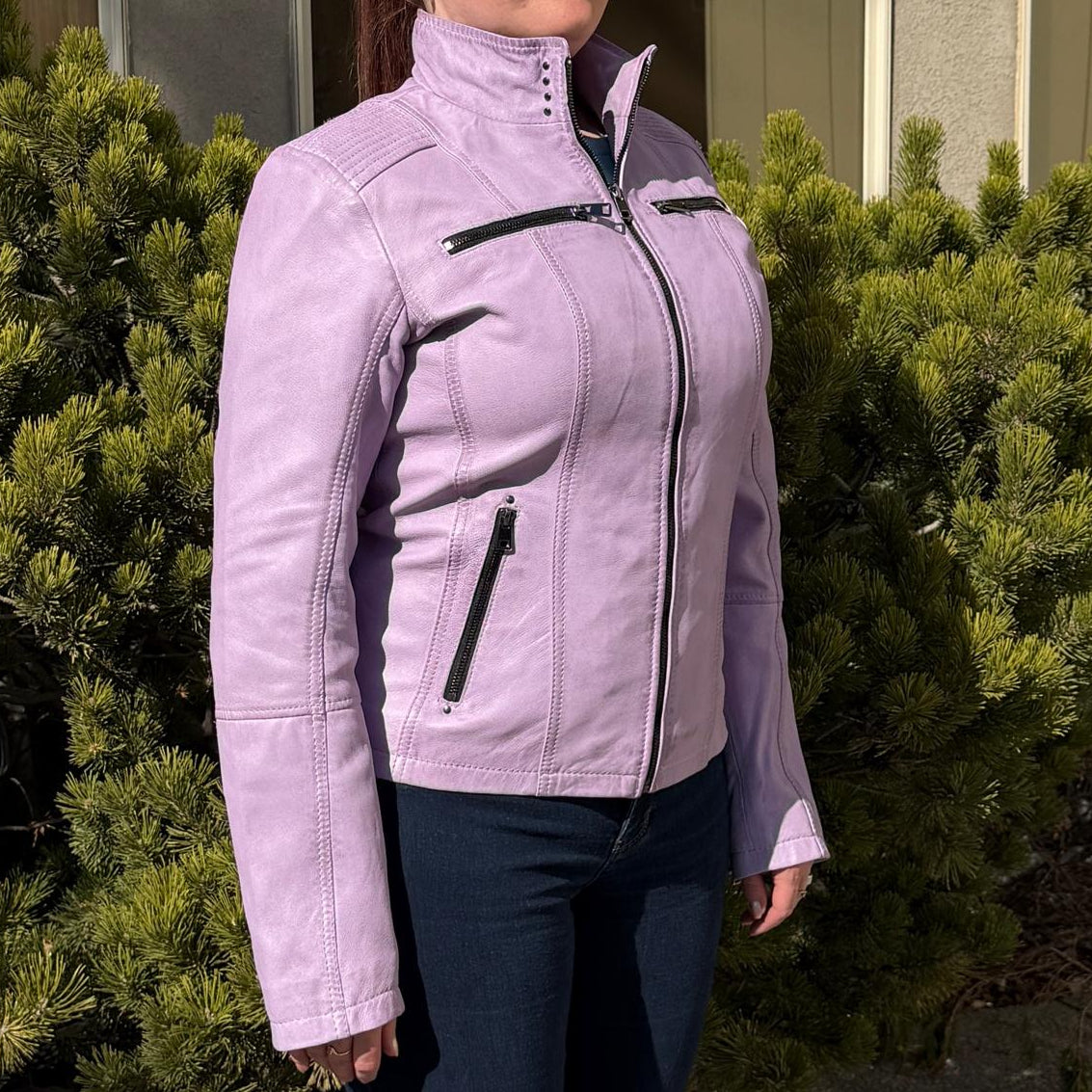 Women's Classic Sheep Leather Jacket. Standing Collar with Studs, 4 Zippered Pockets & Shoulder Accent Stitching